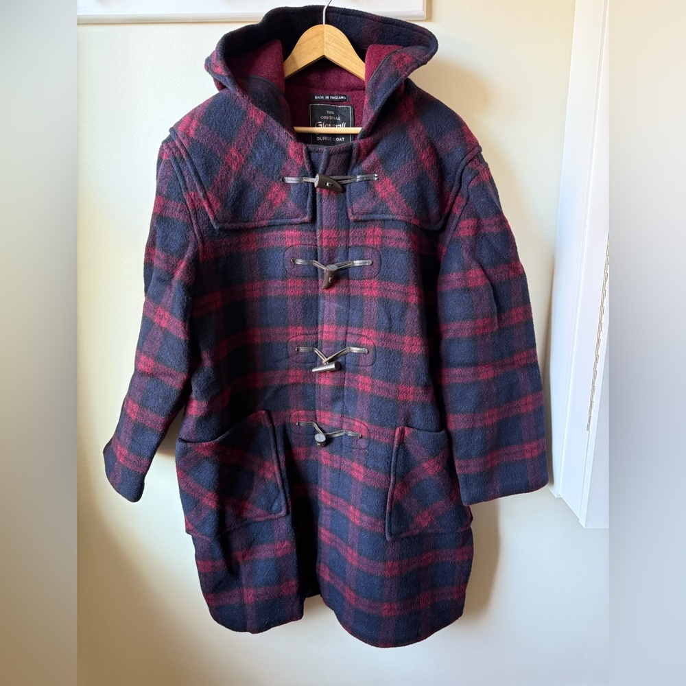 GLOVERALL Plaid Tartan Hooded Toggle Coat Duffle Mohair Wool Academia Classic 42